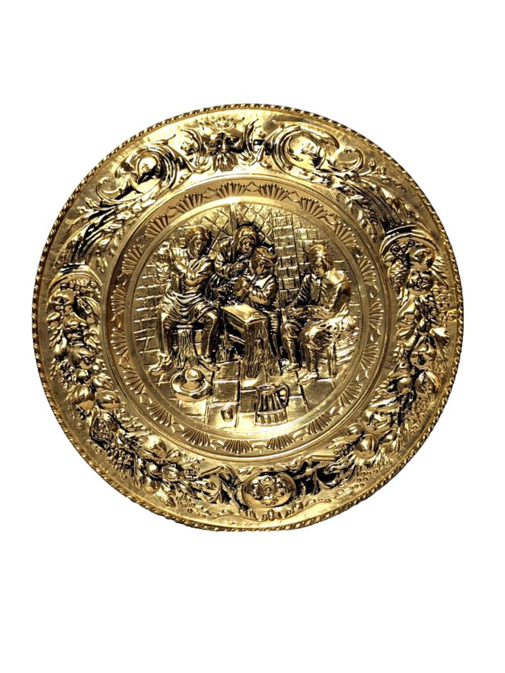 LARGE 20.5" Vintage Brass Embossed Wall Plate w/ Hanging Hook Pub Cottage VGC